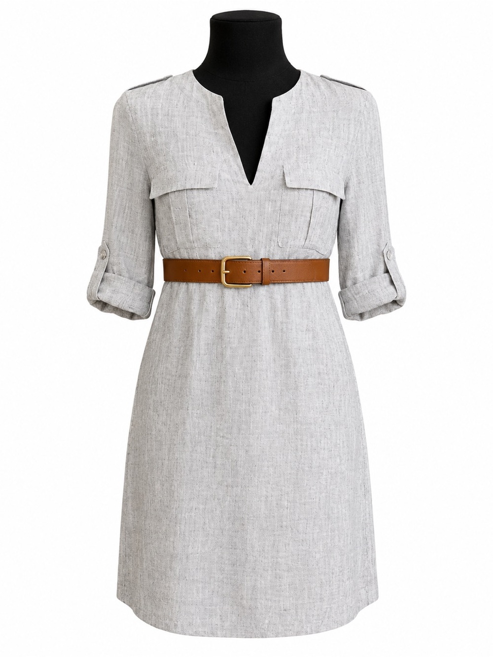 Joie Light Gray Shirt Dress with Tan Belt